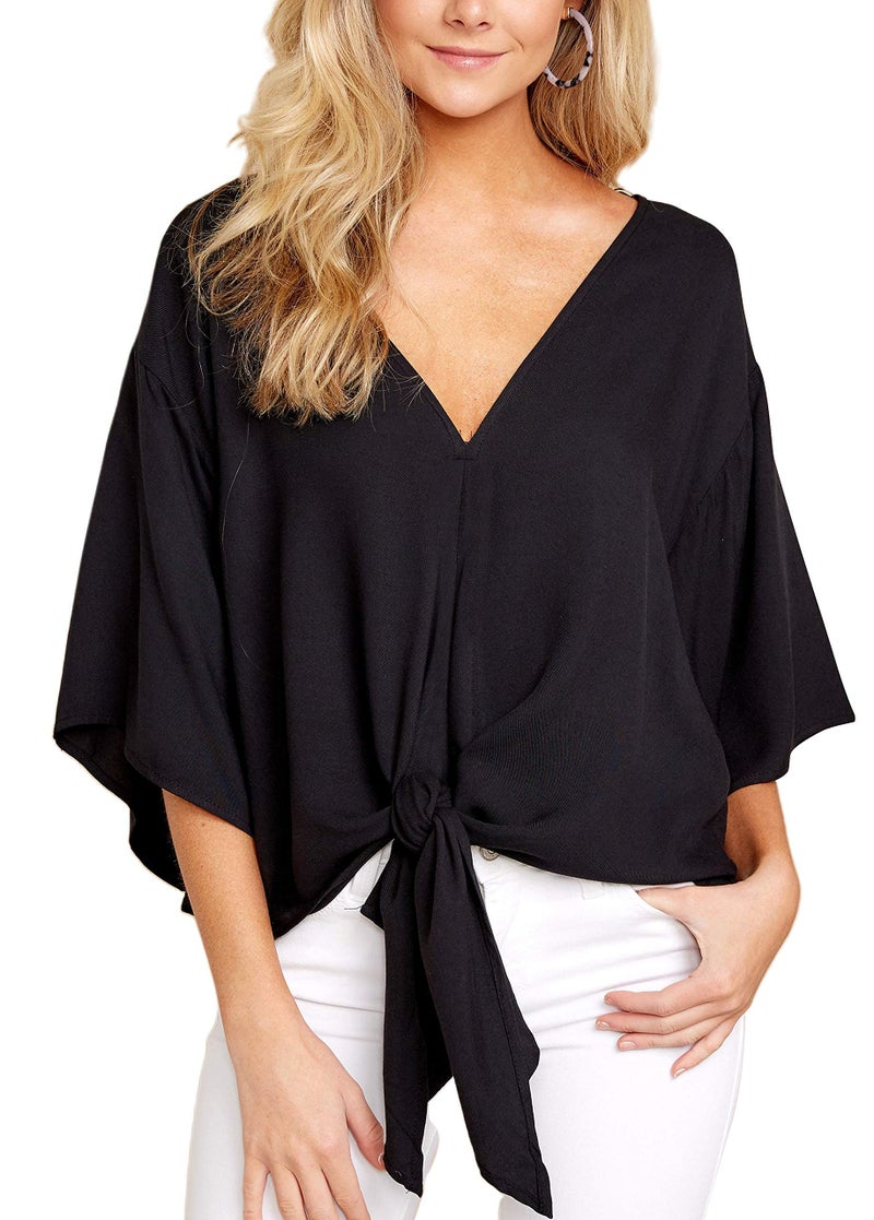 QegarTop Women's Casual Floral Blouse Batwing Sleeve Loose Fitting Shirts Boho Knot Front Tops Black 2XL - Image 3